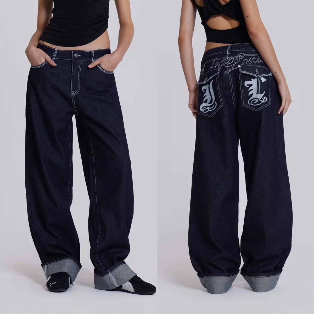 Jad Embroidered Loose Jeans, Original Color Straight-Leg Mid-Low Waist Retro Loose Millennium-Style Pants, Trendy Street Style High-End Street Y2K Jeans, Vintage Straight-Leg Loose Pants